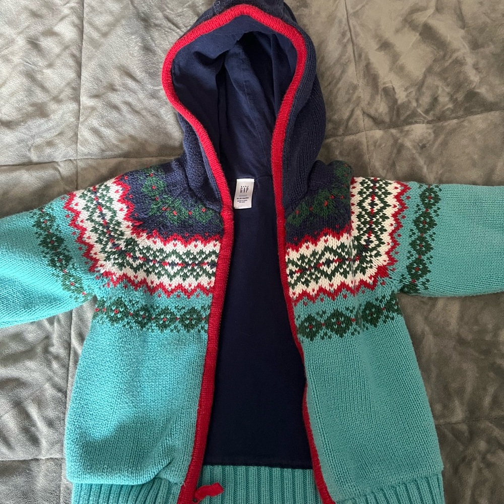 GAP Boys’ Knit Zip-Up Cardigan | 18–24M | Teal w/ Colorful Accents